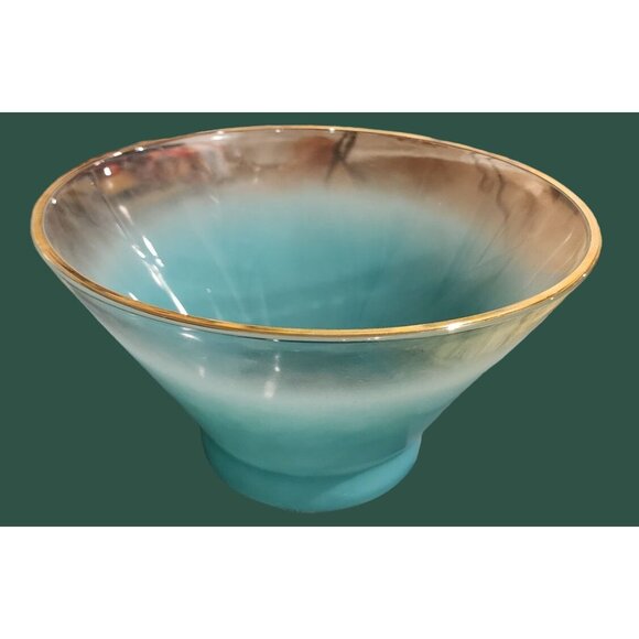 Blendo Vintage Turquoise Frosted Glass Bowl With Gold Trim Chip Dip Mid Century - Picture 8 of 12